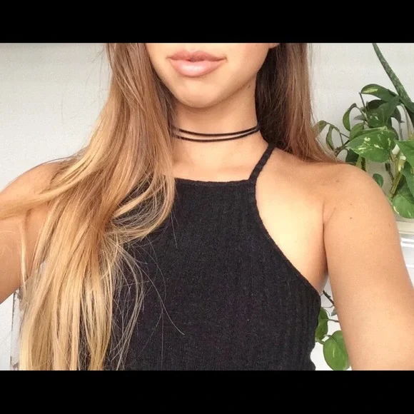 NWT Boho Vintage Black Suede Leather Double Layer Choker Black Necklace - Picture 3 of 4